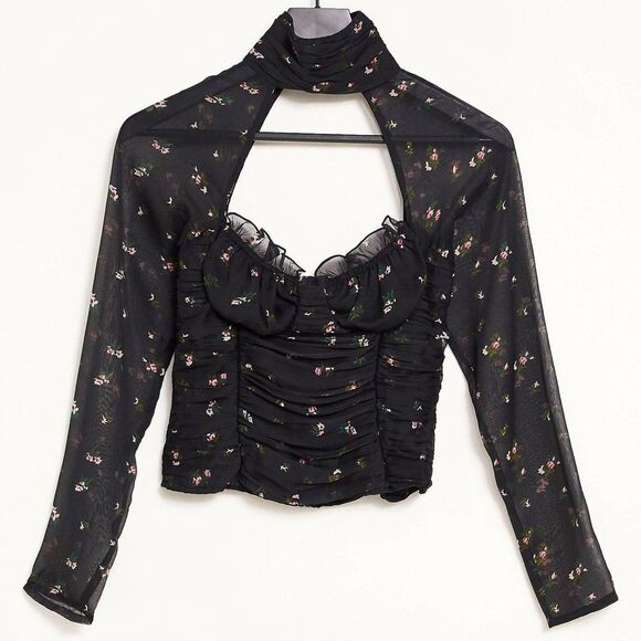 ASOS DESIGN floral high neck top with cut out neck Black Size 6 - Picture 1 of 9